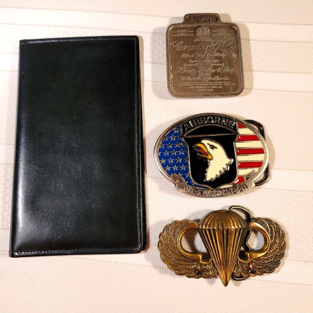 Three solid brass belt buckles and billfold